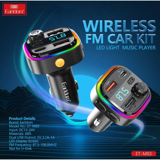 EARLDOM M83 FM Трансмитер с бързо зареждане за кола 1USB-C2USB 3.1A с амбиентно осветление