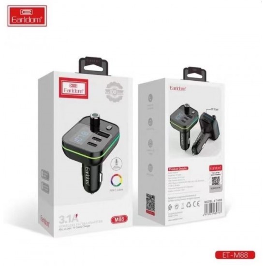 EARLDOM M88 FM модулатор (USB изход + 2USB-C, microSD, Bluetooth) Earldom, 3.1A, с подсветка