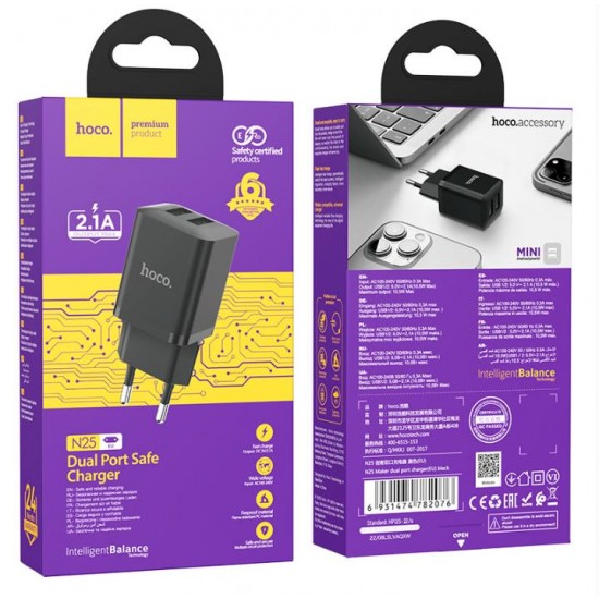 HOCO адаптер “N25 Maker” двоен USB комплект за зареждане - Черен