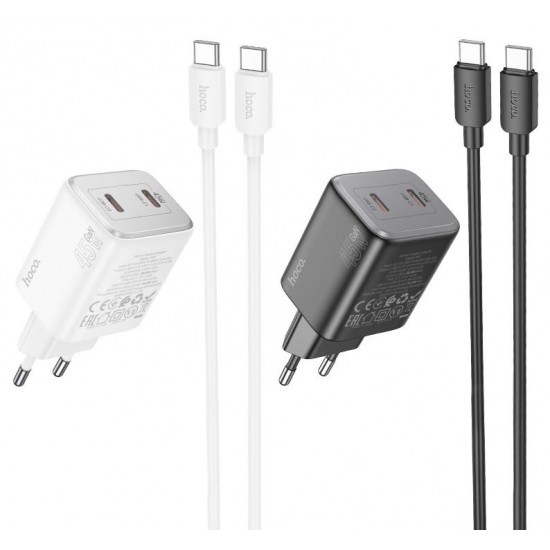HOCO “N42 Elogiado” Зарядно GaN двоен USB-C PD45W TYPE-C към TYPE-C - Бял