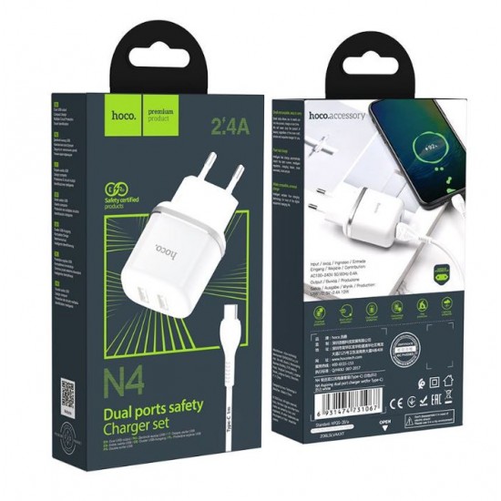 HOCO N4 двоен USB комплект за зареждане с кабел USB към TYPE-C 1M.
