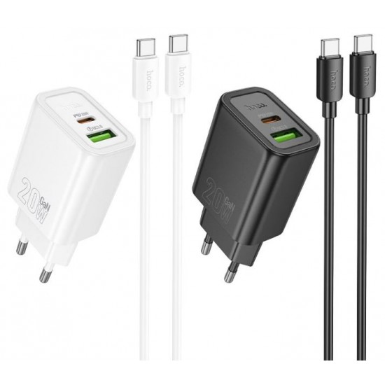 HOCO N61 20W + USB QC3.0 18W зарядно+ кабел Type-C към Type-C - Бял