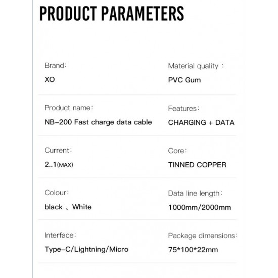Кабел XO-NB200 Fast 2.1A USB към Type-C 1M - Черен