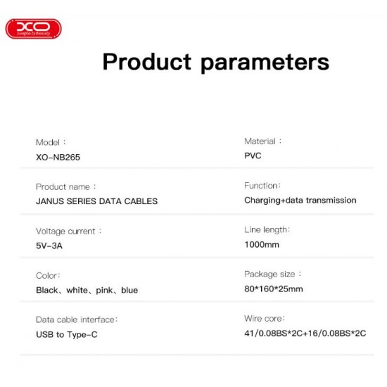 Кабел XO-NB265 Fast 3A USB към Type-C 1M - Черен