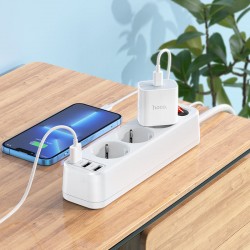 Разклонител HOCO NS2 с 3 гнезда+3 USB порта 2.4A 4000W - Бял