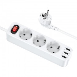 Разклонител HOCO NS2 с 3 гнезда+3 USB порта 2.4A 4000W - Бял