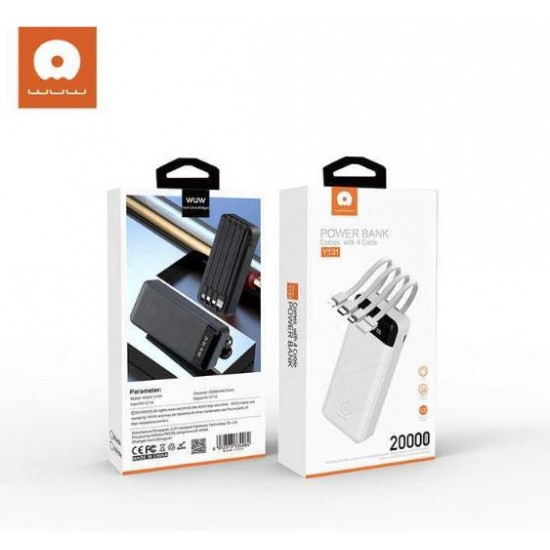 WUW Y131 2A POWER BANK С ВГРАДЕНИ КАБЕЛИ - 20,000 mAh - Черен