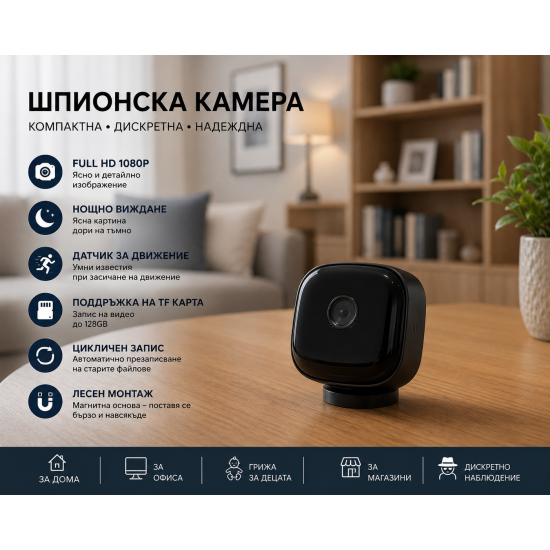 S1 Мини WiFi IP камера ( APP:Z-IOT CAM ) Full HD, нощно виждане, датчик за движение и магнитна стойка