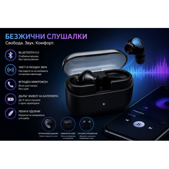 S60 Безжични Bluetooth TWS слушалки с кейс за зареждане – Стерео звук, сензорно управление и вграден микрофон