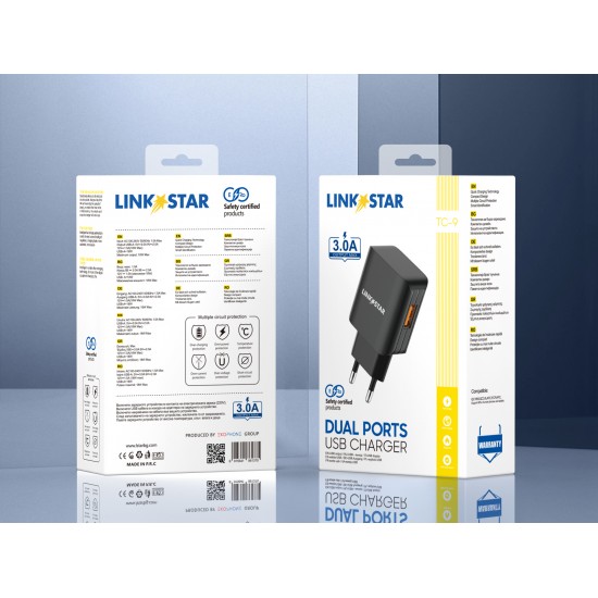 Link★Star TC-9 3.0A Бързозаряден USB Адаптер 220V - Черен