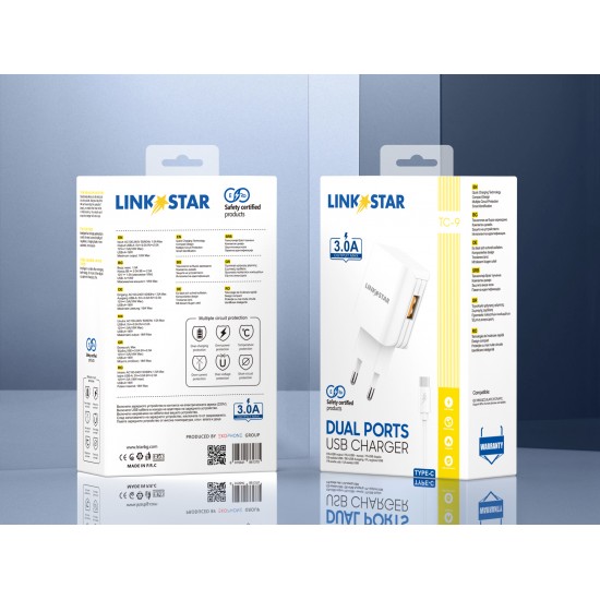 Link★Star TC-9 3.0A Бързозаряден USB Адаптер 220V с Type-C кабел - Бял