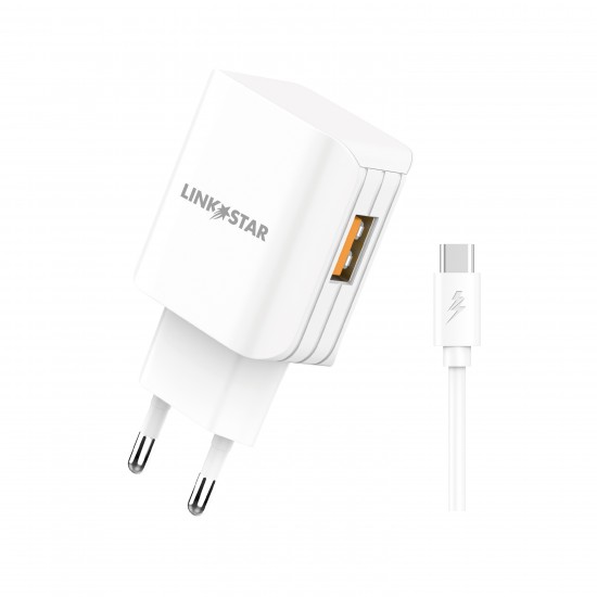 Link★Star TC-9 3.0A Бързозаряден USB Адаптер 220V с Type-C кабел - Бял