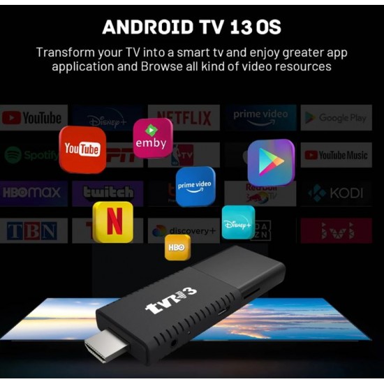 2024 TV3 TV 8k android 13.0 инфрачервено дистанционно управление TV Stick 2GB 16GB 2.4G Wifi 100M-LAN порт Netflix Youtube Media Player