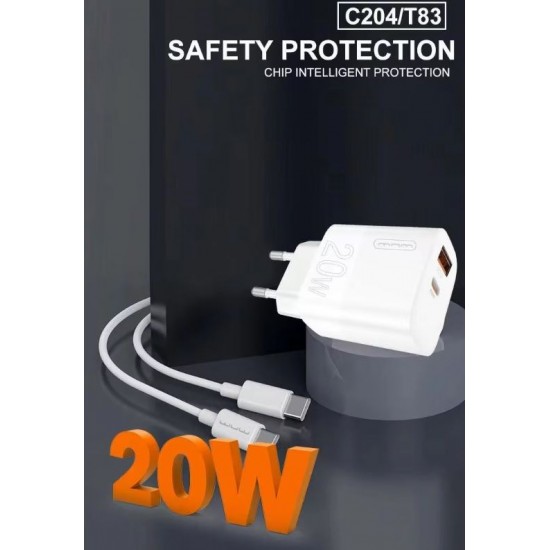 WUW C204 PD20W+QC18W Адаптер с изх. USB-C+USB-A