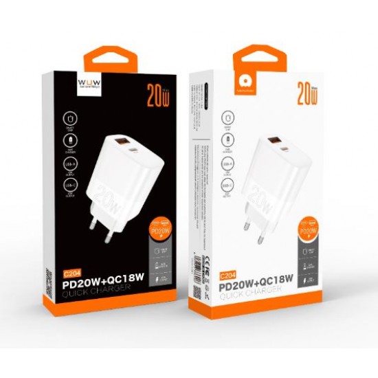 WUW C204 PD20W+QC18W Адаптер с изх. USB-C+USB-A