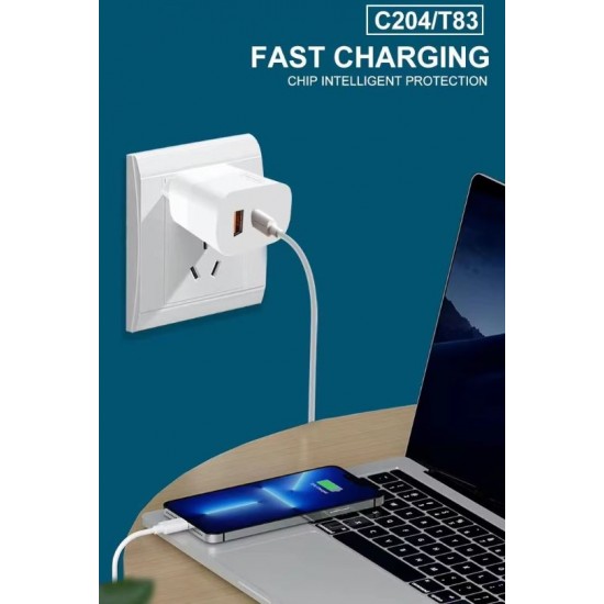 WUW C204 PD20W+QC18W Адаптер с изх. USB-C+USB-A