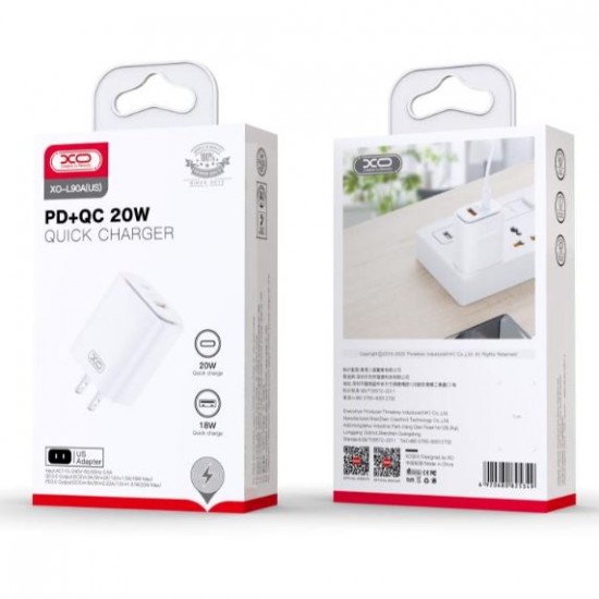 XO-L90A 20W PD Адаптер с изх. USB-C+USB PD-20W+QC18W 