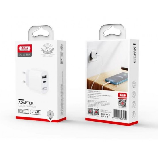 XO-L97 Адаптер с изх. USB-C+USB 2.4A 