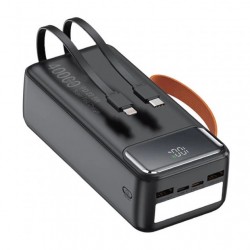 TUGII Външна батерия Y400 40000mAh, 22.5W с вградени кабели и LED фенер – Черна