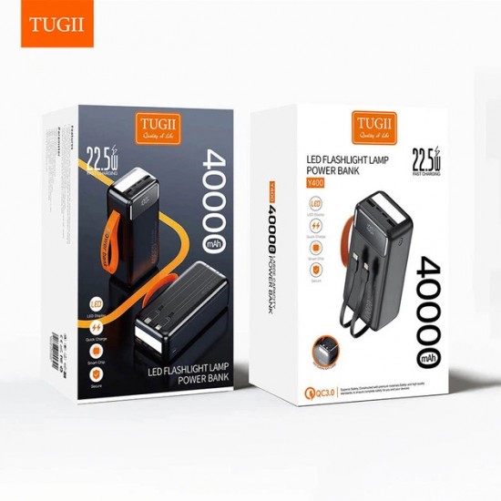 TUGII Външна батерия Y400 40000mAh, 22.5W с вградени кабели и LED фенер – Черна