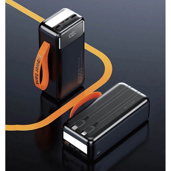 TUGII Външна батерия Y400 40000mAh, 22.5W с вградени кабели и LED фенер – Черна