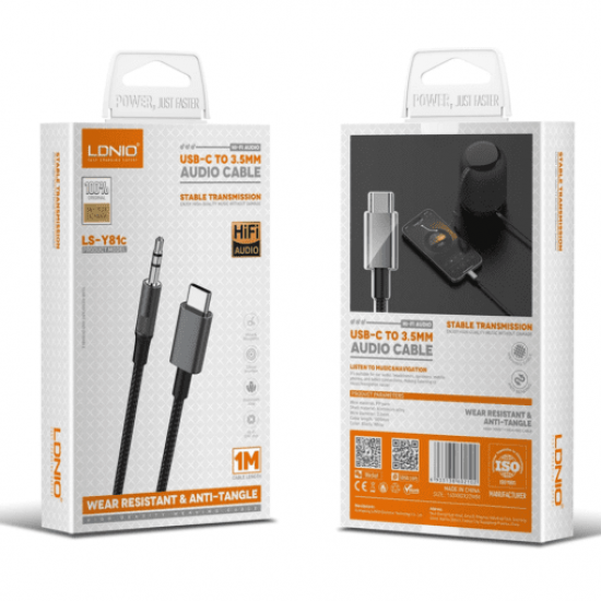 LDNIO LS-Y82c Кабел Aux USB-C към 3.5mm жак 2M - Бял 