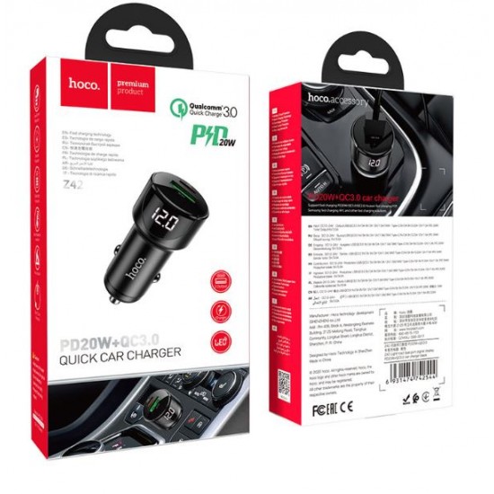 HOCO 12V Адаптер Z42 с 2 изхода PD20W+18WQC3.0+LED display (черен)
