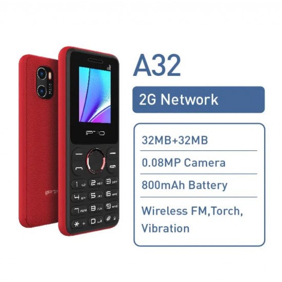 Мобилен телефон IPRO+БГ МЕНЮ A32 +БГ МЕНЮ /2G/32+32MB/1.77inch/0.08MP/800mAh/Dual Sim/5V 500mAh/ДвоенФенер - Черен