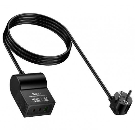 Разклонител HOCO AC33 – 1 контакт, 2×USB-C, 1×USB-A, PD 30W, 2500W, кабел 1.5 м