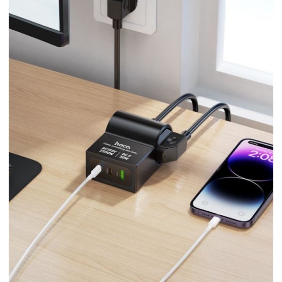 Разклонител HOCO AC33 – 1 контакт, 2×USB-C, 1×USB-A, PD 30W, 2500W, кабел 1.5 м