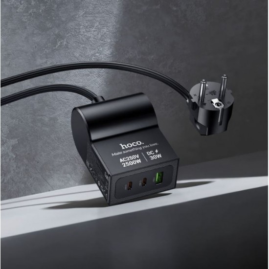 Разклонител HOCO AC33 – 1 контакт, 2×USB-C, 1×USB-A, PD 30W, 2500W, кабел 1.5 м