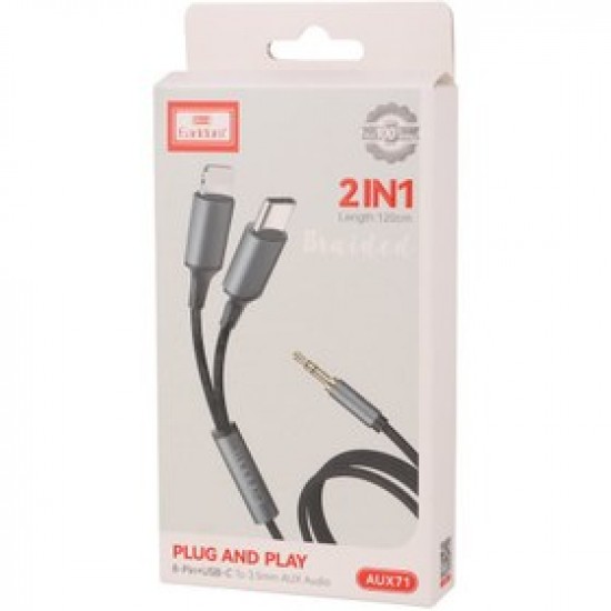 EARLDOM Аудио кабел AUX71 – USB-C към 3.5 мм AUX жак, 100 см, черен