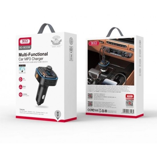 FM трансмитер XO BCC08, USB x2, USB-C, MP3, Bluetooth 5.0