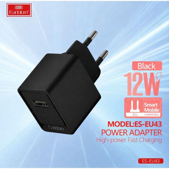 EARLDOM ES-EU43 (EU) USB-A Адаптер 2.4A(12W), Черно