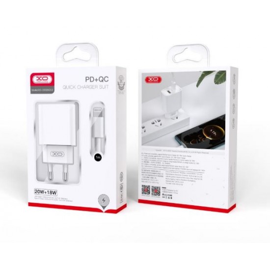 Зарядно XO-CE02A 20W 2 входа USB-C/USB бързо зареждане USB-C към Lightning 