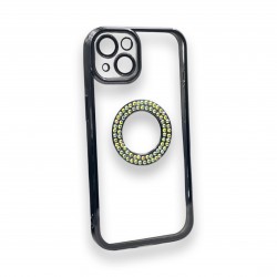 Безцветен кейс+камера DM1 с камъни за iPhone 15 Plus - Черен