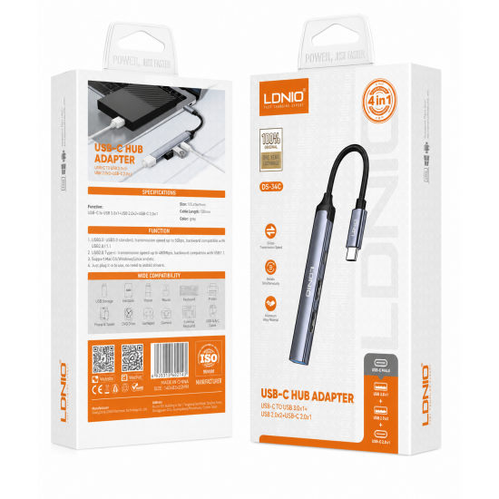 HUB Ldnio DS34C 4в1 USB-C КЪМ 3xUSB 1xUSB-C 5GB/ps