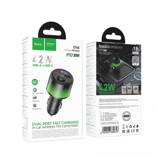 HOCO E166 Path FM трансмитер 42W (1x USB-A + 1x USB-C, Bluetooth 6.0, PD/QC/FCP/AFC)
