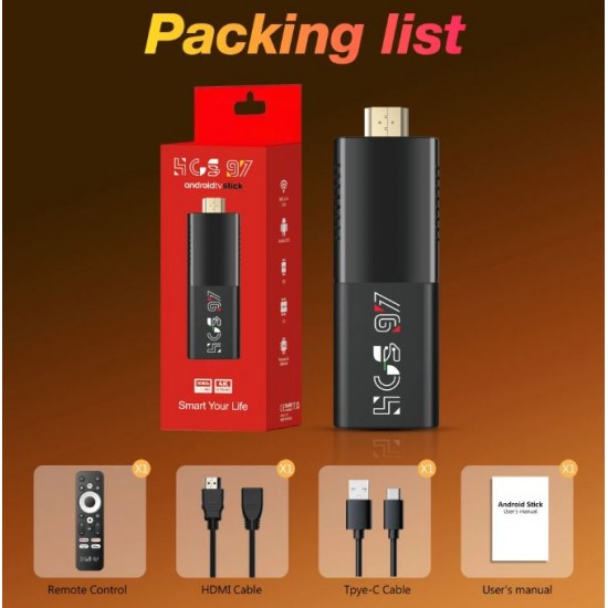 2025 HCS97 TV 4K HDR ULTRA HD android 14.0 TV Stick 4GB+64GB 2.4/5G Wifi 100M-LAN порт Netflix Youtube Media Player