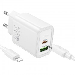 HOCO N61 20W + USB QC3.0 18W зарядно+ кабел Type-C към Lightning - Бял