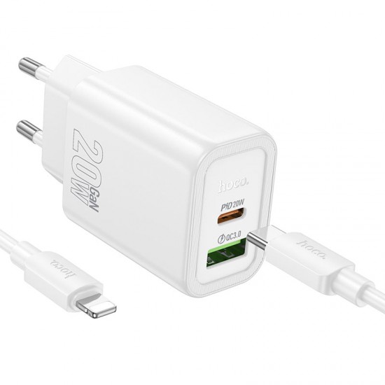 HOCO N61 20W + USB QC3.0 18W зарядно+ кабел Type-C към Lightning - Бял