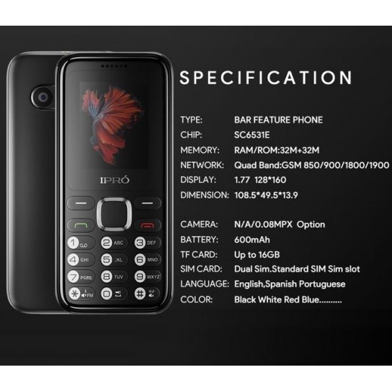 Мобилен телефон (Черен) IPRO A10 Mini+БГ МЕНЮ Без камера /2G/32Mb+32MB/0.08MP/1.77 инча 600mAh/Фенер
