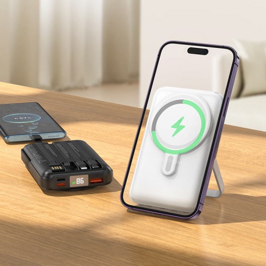 HOCO J135 Rico Power Bank 10 000 mAh, 22.5W, магнитно безжично зареждане 15W, вградени кабели, LED дисплей