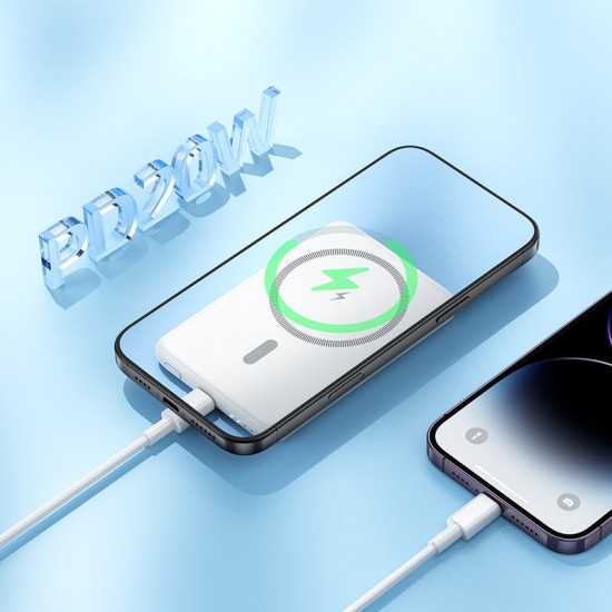 HOCO J140A - Бял Тънка Slim Магнитна MagSafe външна батерия 5,000mAh PD Type-C 15W