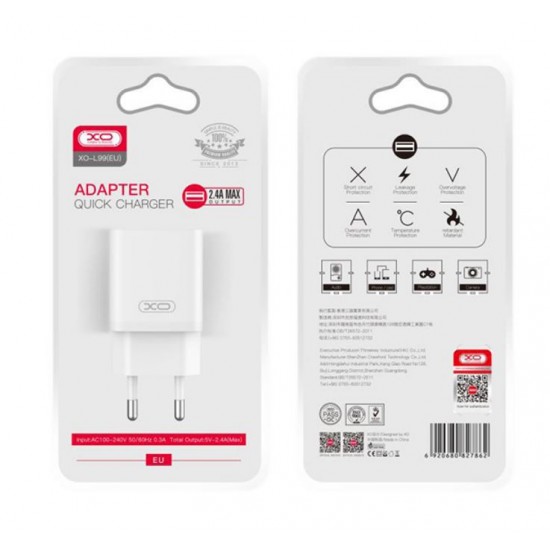 Мрежово зарядно XO-L99 USB-A 12W 5V 2.4А