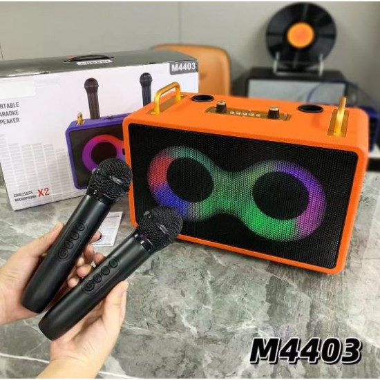 M4403 Караоке Bluetooth Тонколона с 2 Микрофона (Оранжев), 35W, RGB Осветление, Преносима, Поддръжка BT/TF/AUX/FM/TWS