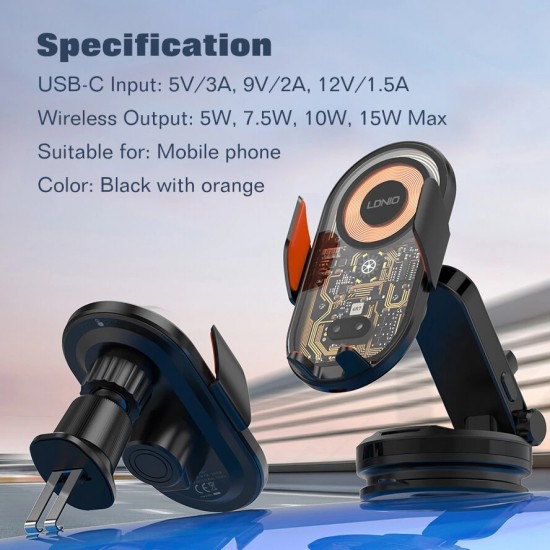 LDNIO MA30/MA30-1 – Автомобилна стойка с безжично зареждане до 15W, черно и оранжево