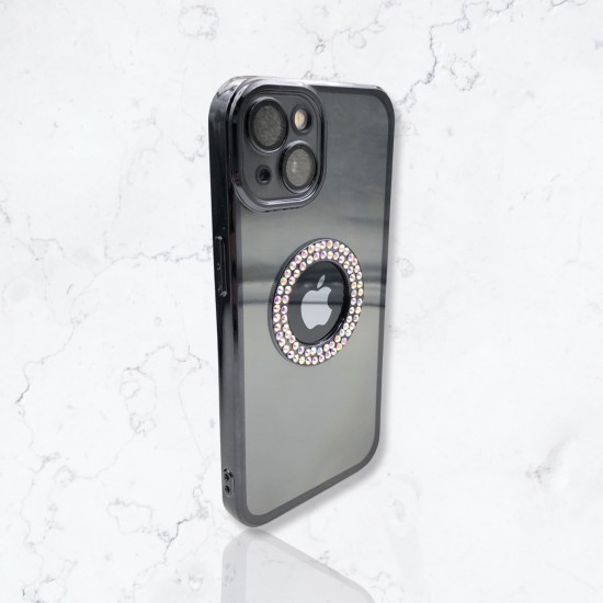 Безцветен кейс+камера DM1 с камъни за iPhone 15 Pro Max - Черен