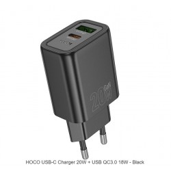 HOCO Адаптер "N61 Gentle" 20W + USB QC3.0 18W - Черен