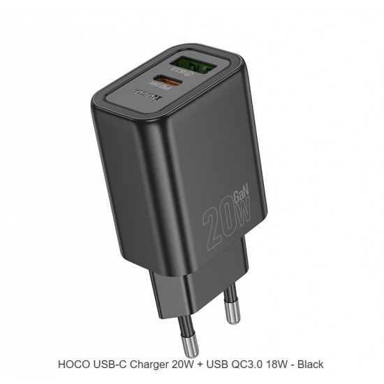 HOCO Адаптер "N61 Gentle" 20W + USB QC3.0 18W - Черен